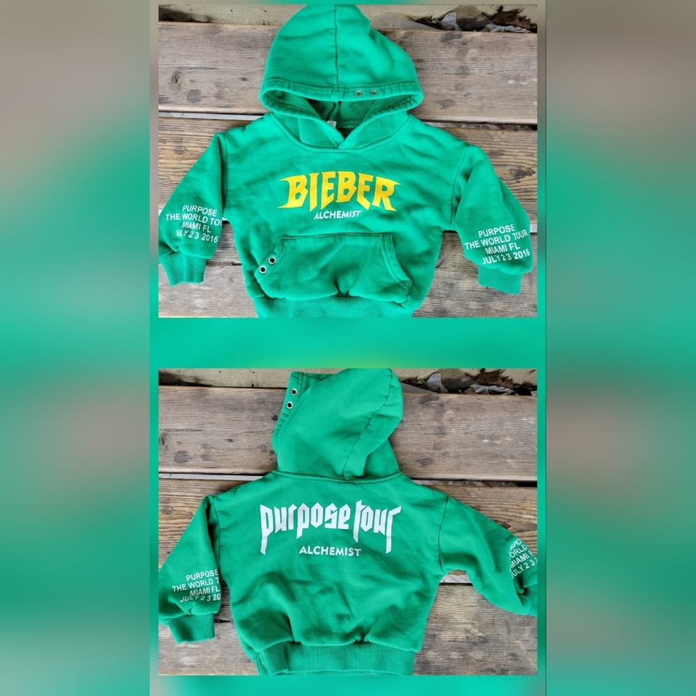 JUSTIN BIEBER SZ 90 / 18-24M VGUC GREEN 💚 PURPOSE TOUR double sided SWEATSHIRT